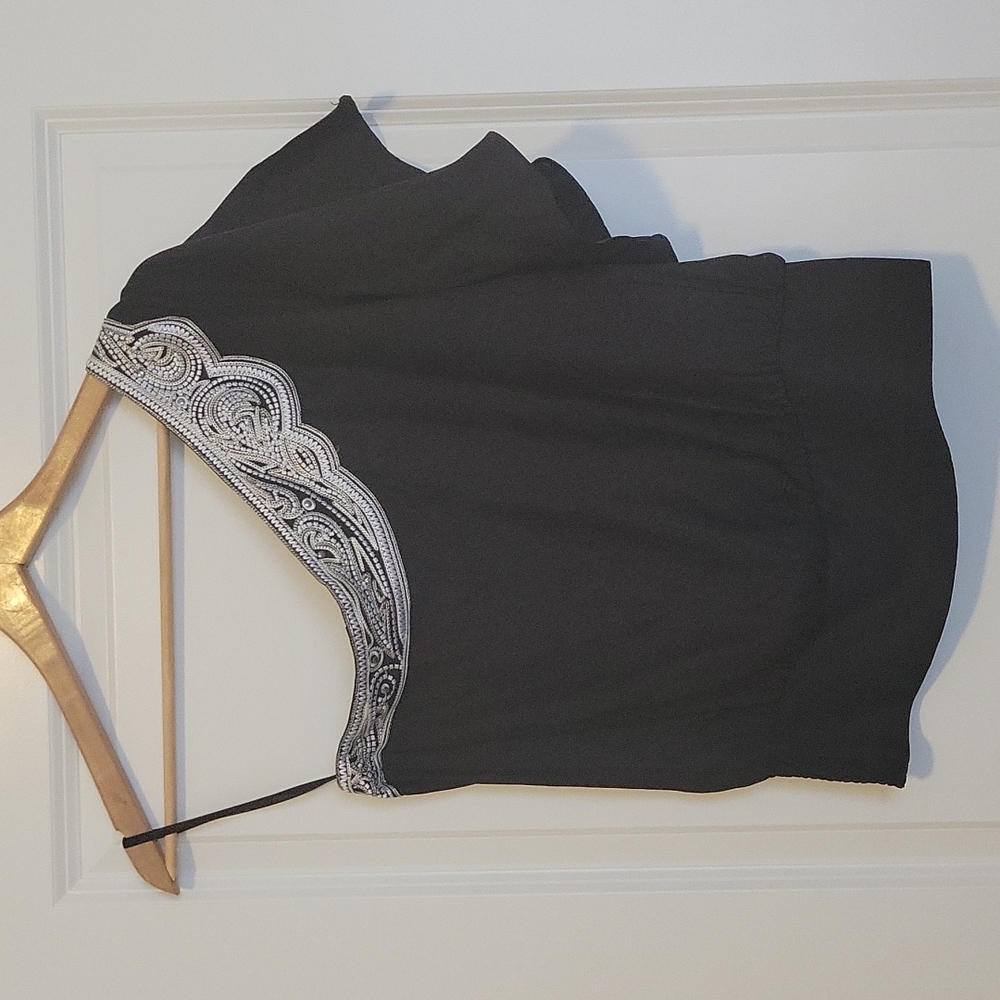 WHBM NWT Black silk one shoulder embellished top.